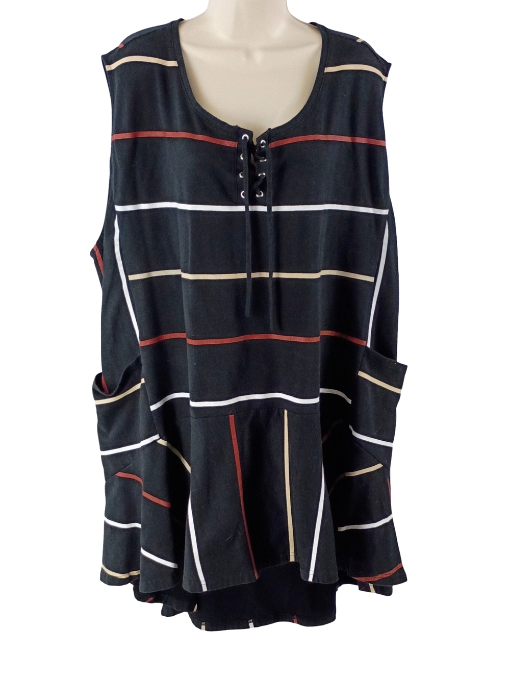 Ulla Popken Black Striped Lace-Up Sleeveless Pocketed Tunic